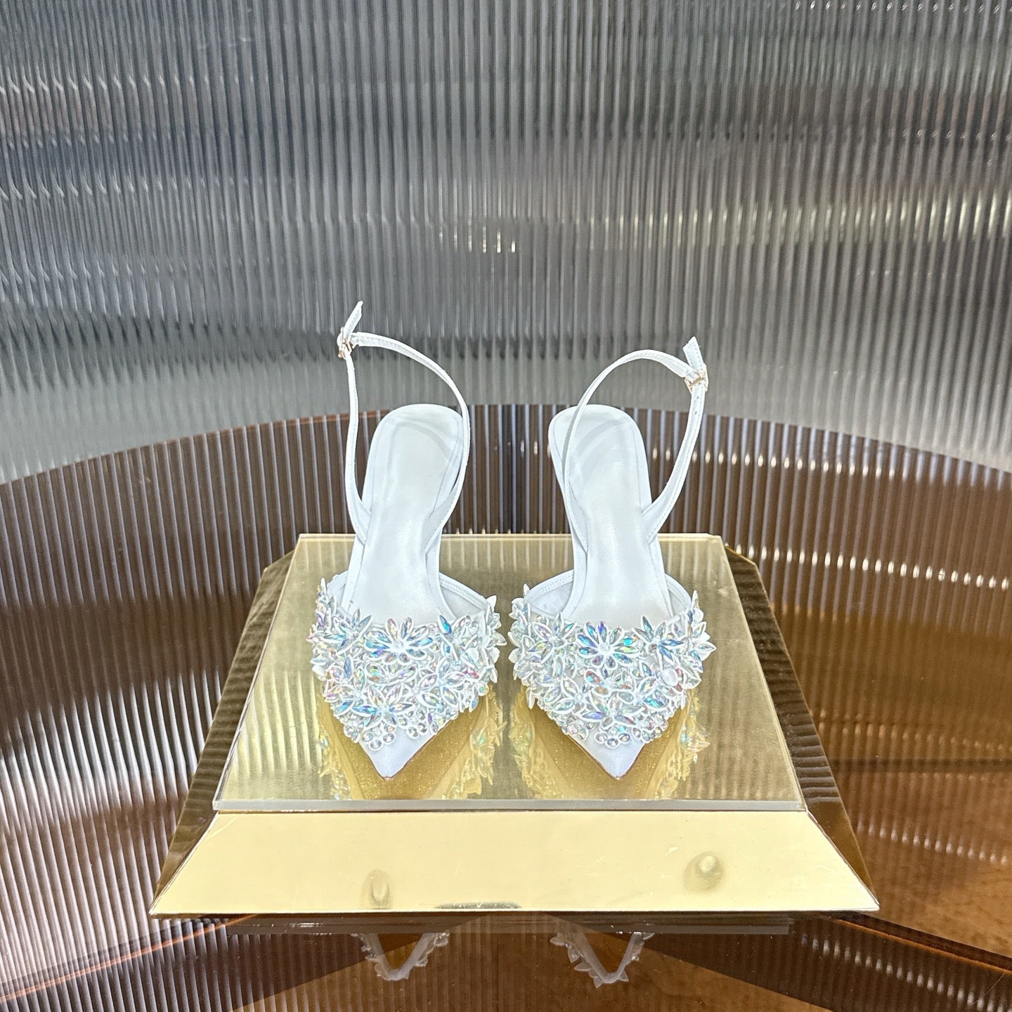 RENE CAOVILLA 26S HIGH-HEEL SLINGBACKS 75 MM IN WHITE LAMBSKIN CRYSTAL EMBELLISHED