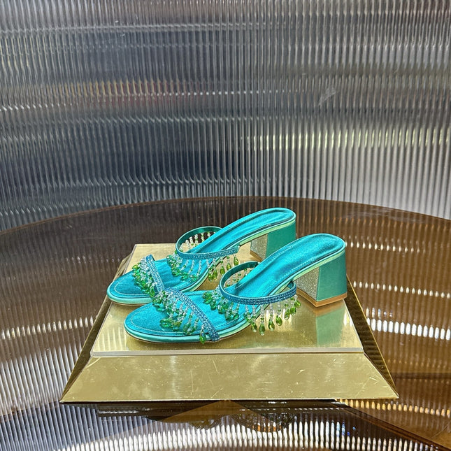 RENE CAOVILLA 26S HIGH-HEEL SANDALS 50 MM IN EMERALD GREEN LAMBSKIN