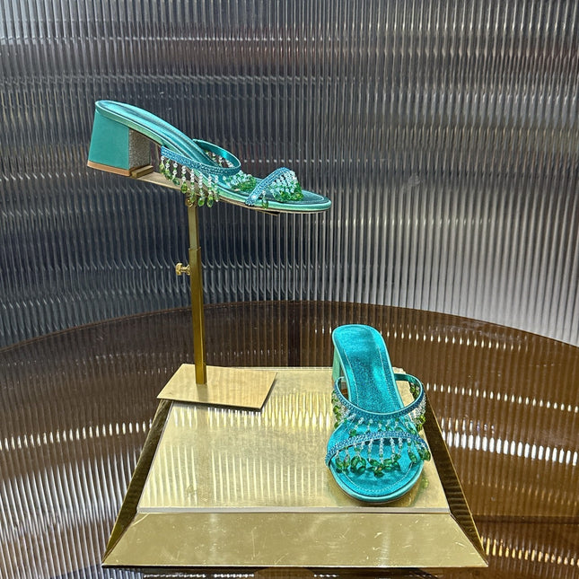 RENE CAOVILLA 26S HIGH-HEEL SANDALS 50 MM IN EMERALD GREEN LAMBSKIN