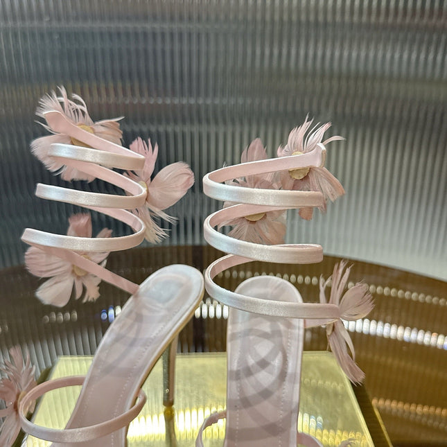 RENE CAOVILLA 26S FLORAL FEATHER HIGH-HEEL SANDALS 100 MM IN NUDE LAMBSKIN