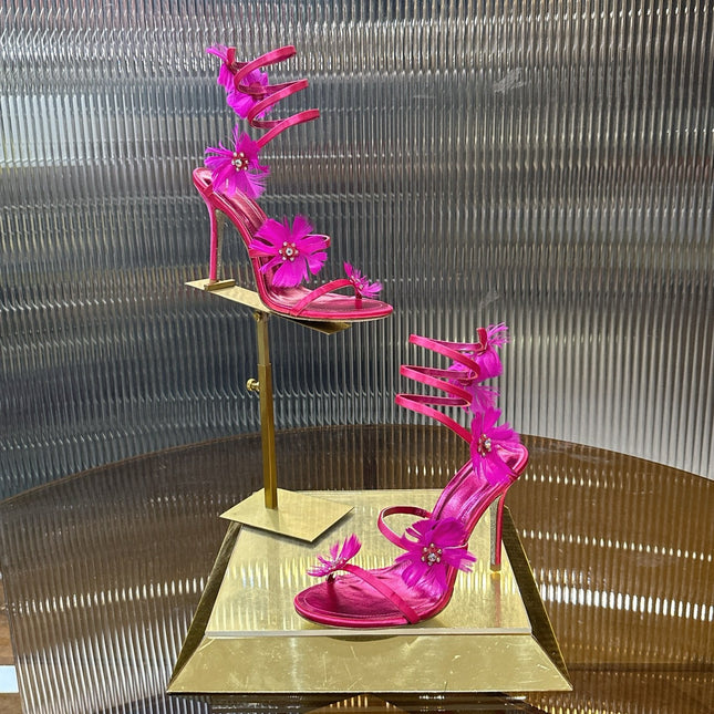 RENE CAOVILLA 26S FLORAL FEATHER HIGH-HEEL SANDALS 100 MM IN DARK PINK LAMBSKIN