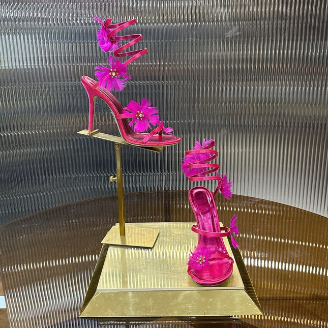 RENE CAOVILLA 26S FLORAL FEATHER HIGH-HEEL SANDALS 100 MM IN DARK PINK LAMBSKIN