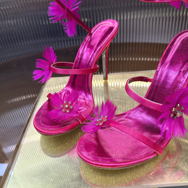 RENE CAOVILLA 26S FLORAL FEATHER HIGH-HEEL SANDALS 100 MM IN DARK PINK LAMBSKIN