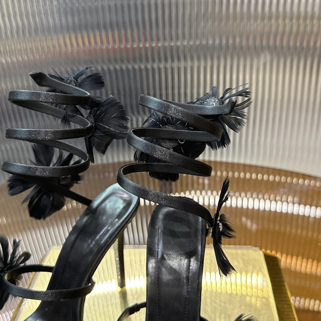 RENE CAOVILLA 26S FLORAL FEATHER HIGH-HEEL SANDALS 100 MM IN BLACK LAMBSKIN