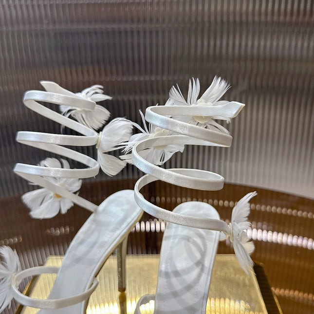 RENE CAOVILLA 26S FLORAL FEATHER HIGH-HEEL SANDALS 100 MM IN WHITE LAMBSKIN