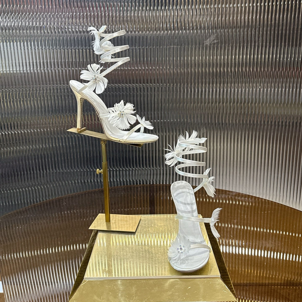 RENE CAOVILLA 26S FLORAL FEATHER HIGH-HEEL SANDALS 100 MM IN WHITE LAMBSKIN