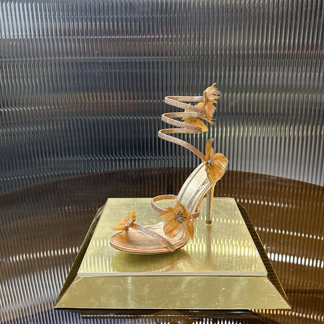 RENE CAOVILLA 26S FLORAL FEATHER HIGH-HEEL SANDALS 100 MM IN MATCHING NUDE LAMBSKIN