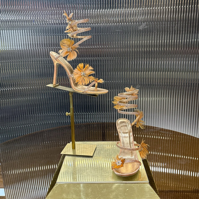 RENE CAOVILLA 26S FLORAL FEATHER HIGH-HEEL SANDALS 100 MM IN MATCHING NUDE LAMBSKIN