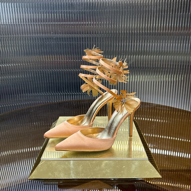RENE CAOVILLA 26S FLORAL FEATHER HIGH HEELS 100 MM IN MATCHING NUDE SATIN