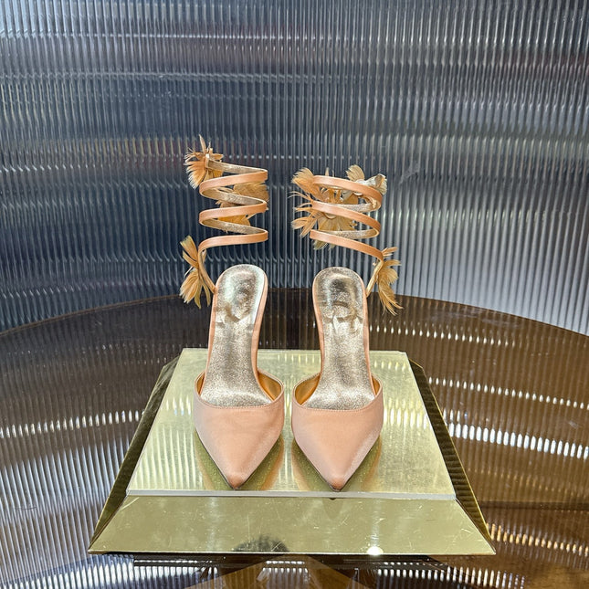RENE CAOVILLA 26S FLORAL FEATHER HIGH HEELS 100 MM IN MATCHING NUDE SATIN