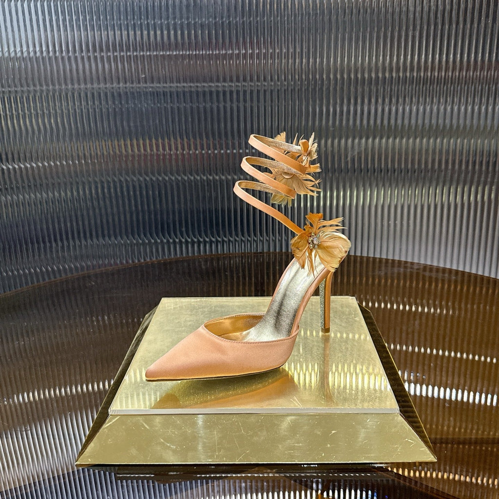 RENE CAOVILLA 26S FLORAL FEATHER HIGH HEELS 100 MM IN MATCHING NUDE SATIN