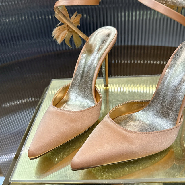 RENE CAOVILLA 26S FLORAL FEATHER HIGH HEELS 100 MM IN MATCHING NUDE SATIN