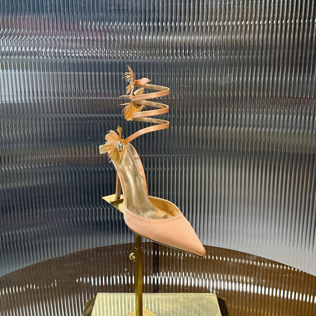 RENE CAOVILLA 26S FLORAL FEATHER HIGH HEELS 100 MM IN MATCHING NUDE SATIN