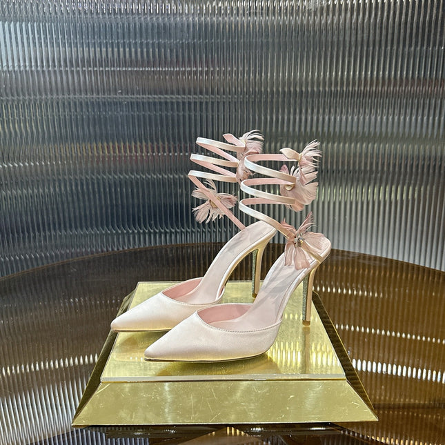 RENE CAOVILLA 26S FLORAL FEATHER HIGH HEELS 100 MM IN NUDE SATIN