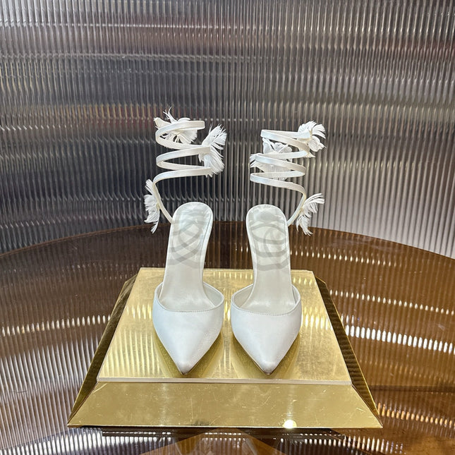 RENE CAOVILLA 26S FLORAL FEATHER HIGH HEELS 100 MM IN WHITE SATIN