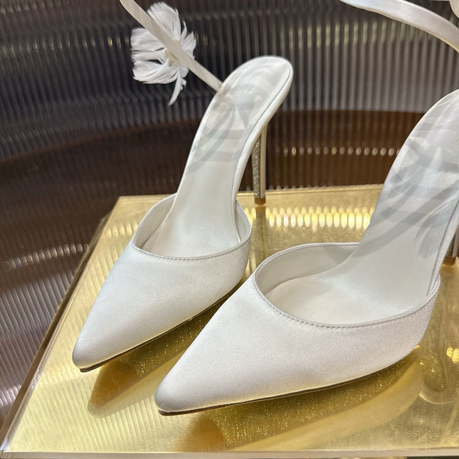 RENE CAOVILLA 26S FLORAL FEATHER HIGH HEELS 100 MM IN WHITE SATIN