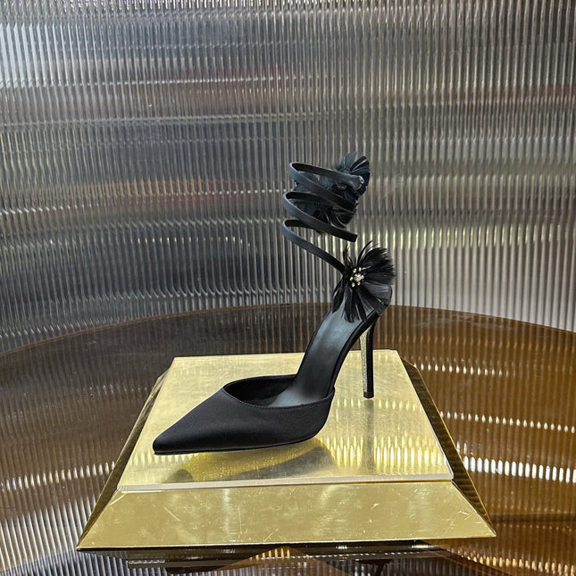 RENE CAOVILLA 26S FLORAL FEATHER HIGH HEELS 100 MM IN BLACK SATIN