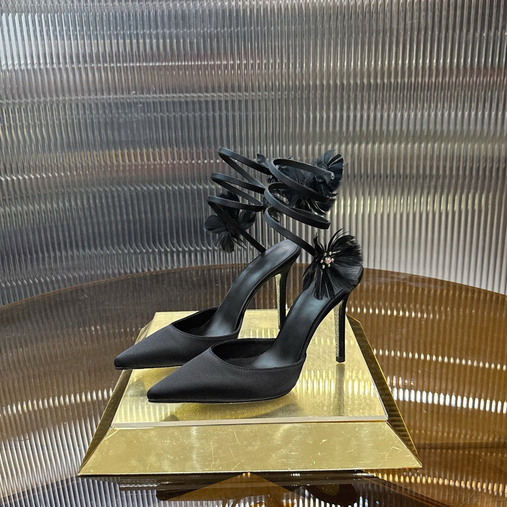 RENE CAOVILLA 26S FLORAL FEATHER HIGH HEELS 100 MM IN BLACK SATIN