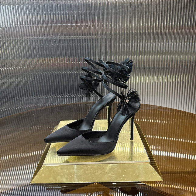 RENE CAOVILLA 26S FLORAL FEATHER HIGH HEELS 100 MM IN BLACK SATIN