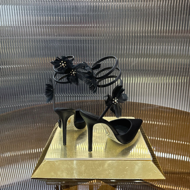 RENE CAOVILLA 26S FLORAL FEATHER HIGH HEELS 100 MM IN BLACK SATIN