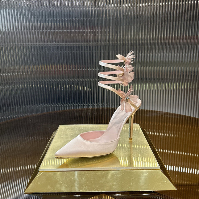 RENE CAOVILLA 26S FLORAL FEATHER HIGH HEELS 100 MM IN NUDE SATIN