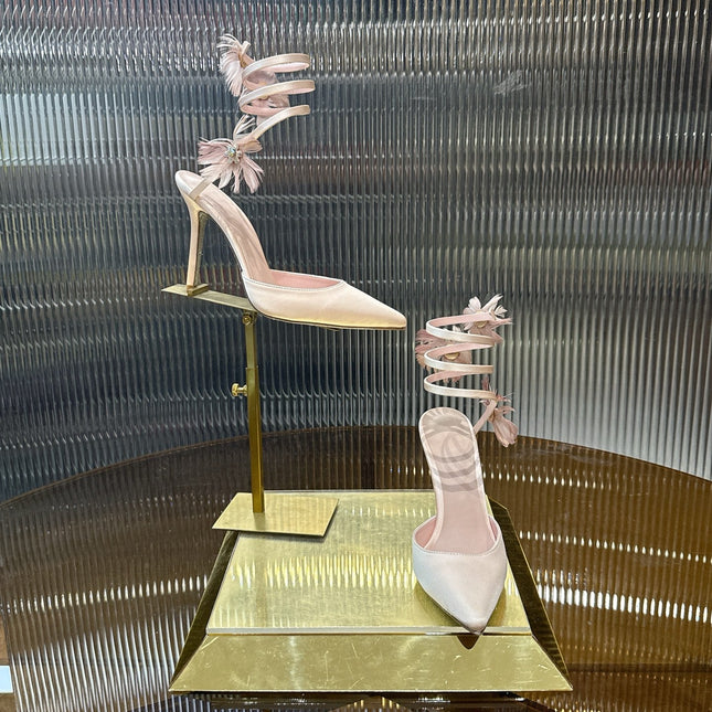 RENE CAOVILLA 26S FLORAL FEATHER HIGH HEELS 100 MM IN NUDE SATIN