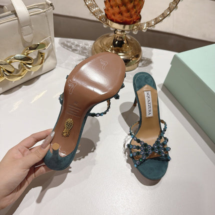 AQUAZZURA 26S HIGH-HEEL SANDALS 85 MM IN DARK GREEN SUEDE
