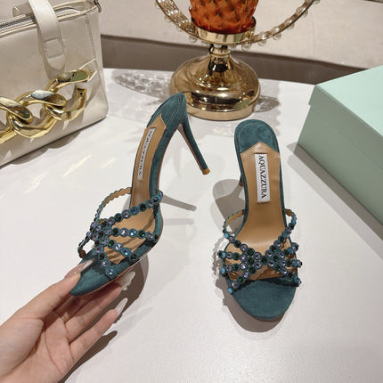 AQUAZZURA 26S HIGH-HEEL SANDALS 85 MM IN DARK GREEN SUEDE