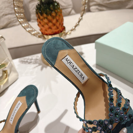 AQUAZZURA 26S HIGH-HEEL SANDALS 85 MM IN DARK GREEN SUEDE