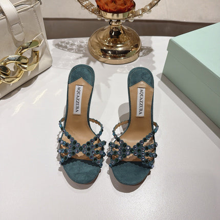 AQUAZZURA 26S HIGH-HEEL SANDALS 85 MM IN DARK GREEN SUEDE