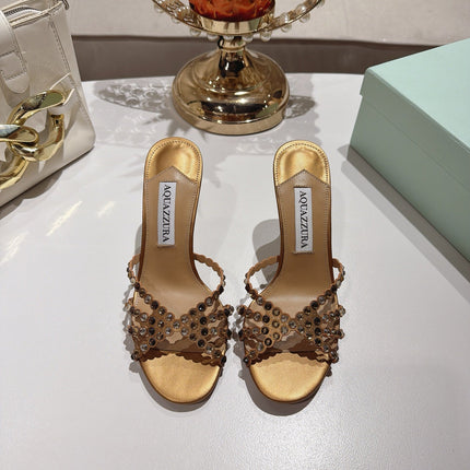 AQUAZZURA 26S HIGH-HEEL SANDALS 85 MM IN METALLIC GOLD CALFSKIN