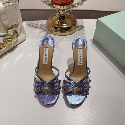 AQUAZZURA 26S HIGH-HEEL SANDALS 85 MM IN METALLIC PURPLE CALFSKIN