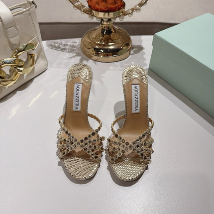 AQUAZZURA 26S HIGH-HEEL SANDALS 85 MM IN GOLD SNAKESKIN 
