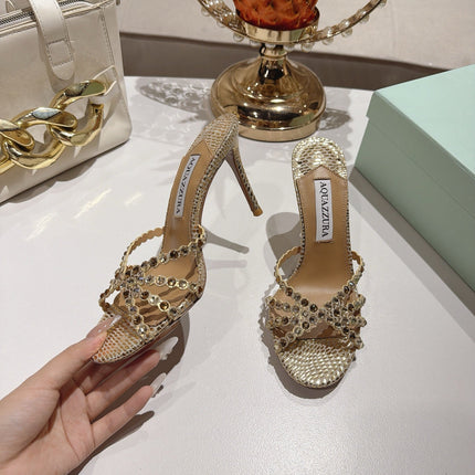 AQUAZZURA 26S HIGH-HEEL SANDALS 85 MM IN GOLD SNAKESKIN 