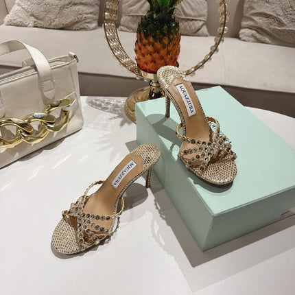 AQUAZZURA 26S HIGH-HEEL SANDALS 85 MM IN GOLD SNAKESKIN 