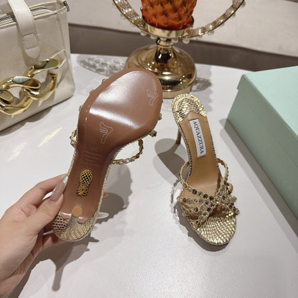 AQUAZZURA 26S HIGH-HEEL SANDALS 85 MM IN GOLD SNAKESKIN 