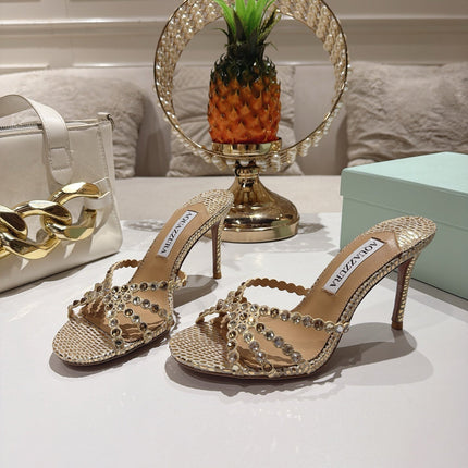 AQUAZZURA 26S HIGH-HEEL SANDALS 85 MM IN GOLD SNAKESKIN 