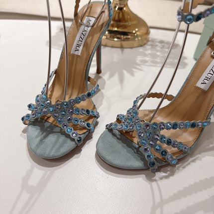 AQUAZZURA 26S HEELED SANDALS 100 MM IN GREY SUEDE RHINESTONE EMBELLISHED