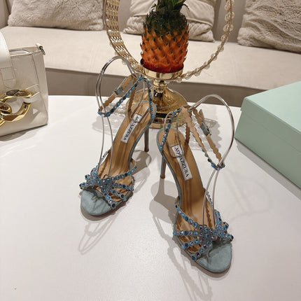 AQUAZZURA 26S HEELED SANDALS 100 MM IN GREY SUEDE RHINESTONE EMBELLISHED