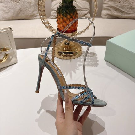 AQUAZZURA 26S HEELED SANDALS 100 MM IN GREY SUEDE RHINESTONE EMBELLISHED