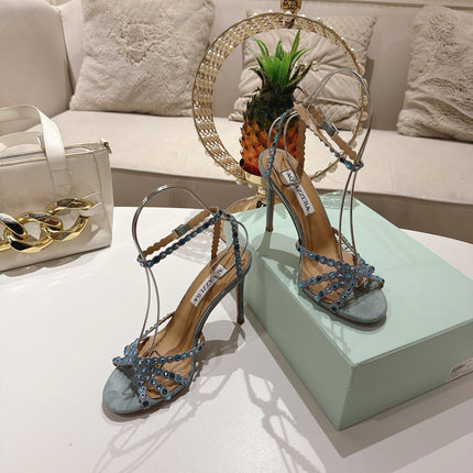 AQUAZZURA 26S HEELED SANDALS 100 MM IN GREY SUEDE RHINESTONE EMBELLISHED