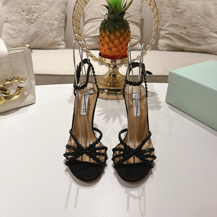 AQUAZZURA 26S HEELED SANDALS 100 MM IN BLACK SUEDE RHINESTONE EMBELLISHED