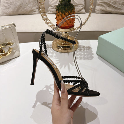 AQUAZZURA 26S HEELED SANDALS 100 MM IN BLACK SUEDE RHINESTONE EMBELLISHED