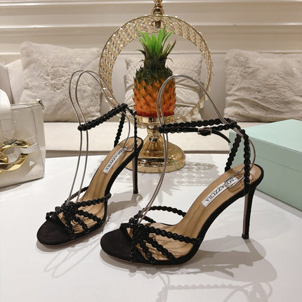 AQUAZZURA 26S HEELED SANDALS 100 MM IN BLACK SUEDE RHINESTONE EMBELLISHED