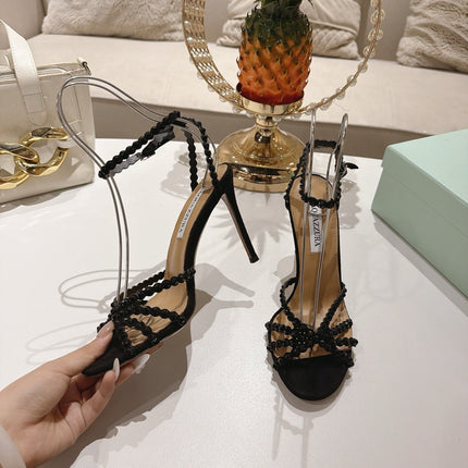 AQUAZZURA 26S HEELED SANDALS 100 MM IN BLACK SUEDE RHINESTONE EMBELLISHED