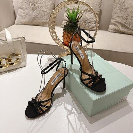AQUAZZURA 26S HEELED SANDALS 100 MM IN BLACK SUEDE RHINESTONE EMBELLISHED