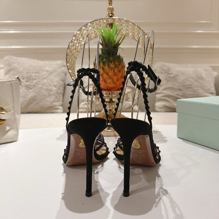 AQUAZZURA 26S HEELED SANDALS 100 MM IN BLACK SUEDE RHINESTONE EMBELLISHED