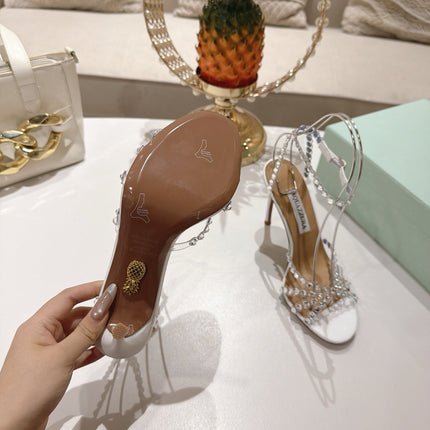 AQUAZZURA 26S HEELED SANDALS 100 MM IN WHITE LAMBSKIN RHINESTONE EMBELLISHED