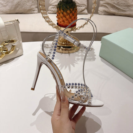 AQUAZZURA 26S HEELED SANDALS 100 MM IN WHITE LAMBSKIN RHINESTONE EMBELLISHED