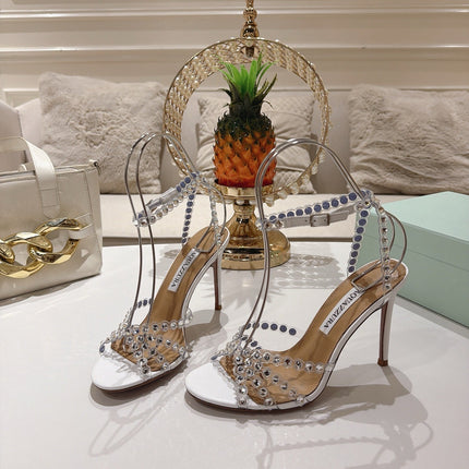 AQUAZZURA 26S HEELED SANDALS 100 MM IN WHITE LAMBSKIN RHINESTONE EMBELLISHED